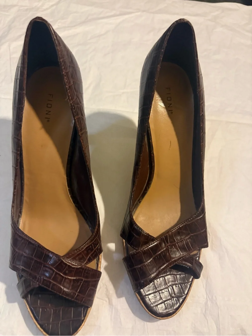 FIONI Clothing Dark Brown Croc-Embossed Peep Toe Pumps